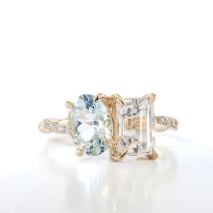 Oval Cut Aquamarine and Emerald Cut White Topaz Toi et Moi Ring with Diamond Braided Band in 14K Yellow Gold, Toi et Moi Engagement Ring
