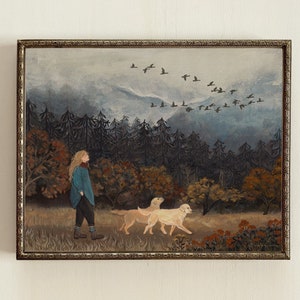 Impresión artística de paseos otoñales / Impresión artística de otoño, Arte de paisaje otoñal, Arte de paisaje otoñal, Impresión de otoño melancólico, Amantes del golden retriever