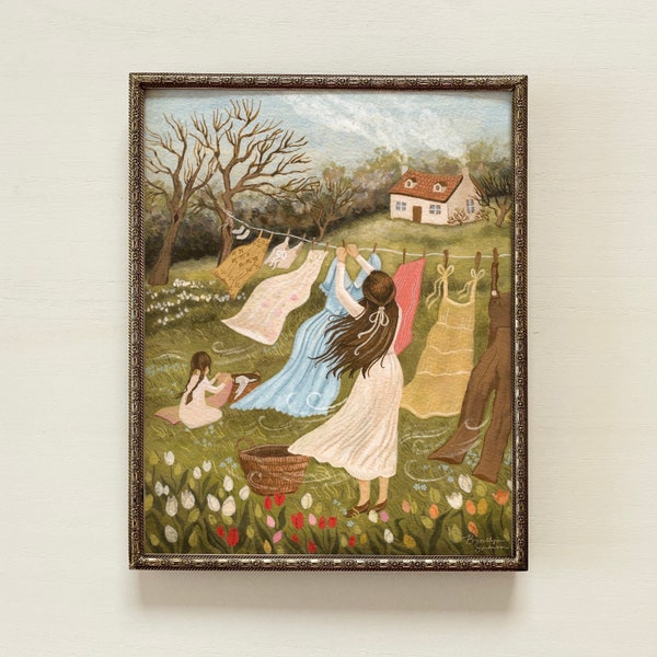 Laundry Day | Laundry Room Decor, Laundry Room Wall Art, Spring Wall Art, Cottagecore Decor, Folk Art Painting, Folk Art