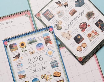 2026 Bucket List Calendar, with Smooth Page Turning, 22.5 x 30 cm, 2026 Desk Calendar, Monthly Spiral Bound Planner, Compact and Versatile, for Habit, Reading, Health, Mental, Study