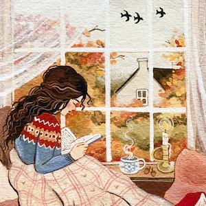 Reading Nook Art Print – Cozy Fall Wall Decor, Cottagecore Folk Art, Hand Drawn (No AI) image 2