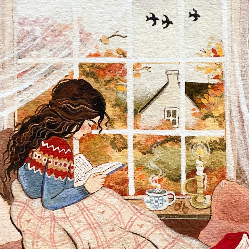 Reading Nook Art Print – Cozy Fall Wall Decor, Cottagecore Folk Art, Hand Drawn (No AI) image 2
