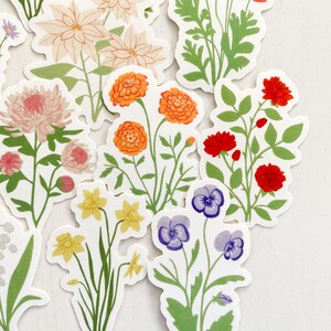 May include: A set of colorful flower stickers featuring various blooms, including red poppies, orange marigolds, yellow daffodils, purple pansies, and white chrysanthemums.