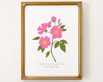 North Dakota State Flower Print | CUSTOMIZABLE | North Dakota Art Print, Prairie Rose Artwork, Prairie Rose Art, Pink Rose Art Print