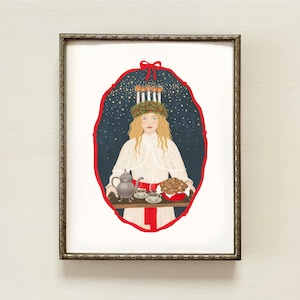 May include: A painting of a woman wearing a white dress and a crown of candles. She is holding a tray with a teapot, cups, and pastries. The background is a dark blue with stars.