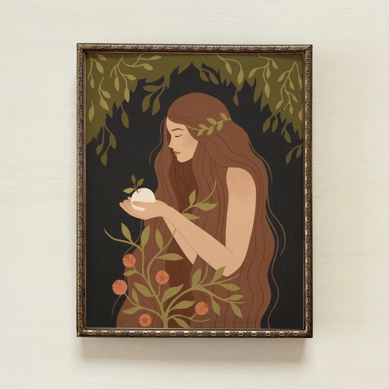 May include: A woman with long brown hair and a floral crown holds a white apple in a dark green forest setting. The woman is wearing a simple white dress and has a serene expression on her face.