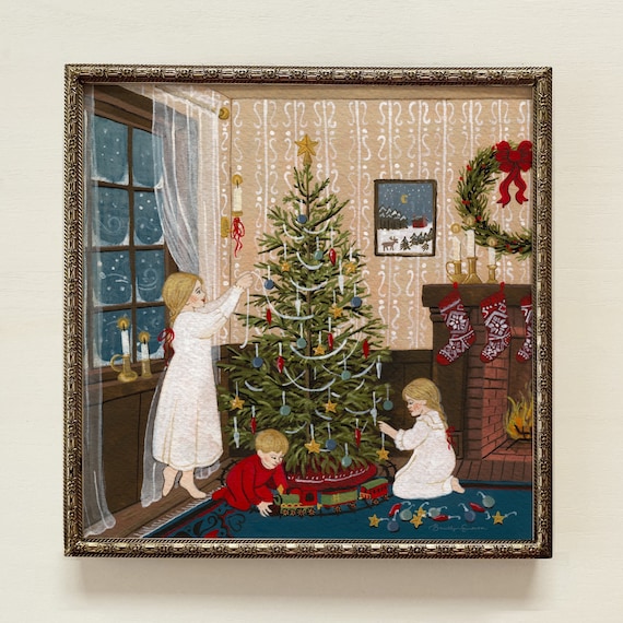 レトロクリスマスのオリジナルデコレーション画 クリスマスの思い出のアートプリント | クリスマスツリーの壁飾り