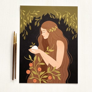 May include: A digital illustration of a woman with long brown hair holding a white apple. She is surrounded by green leaves and red flowers. The background is dark green.