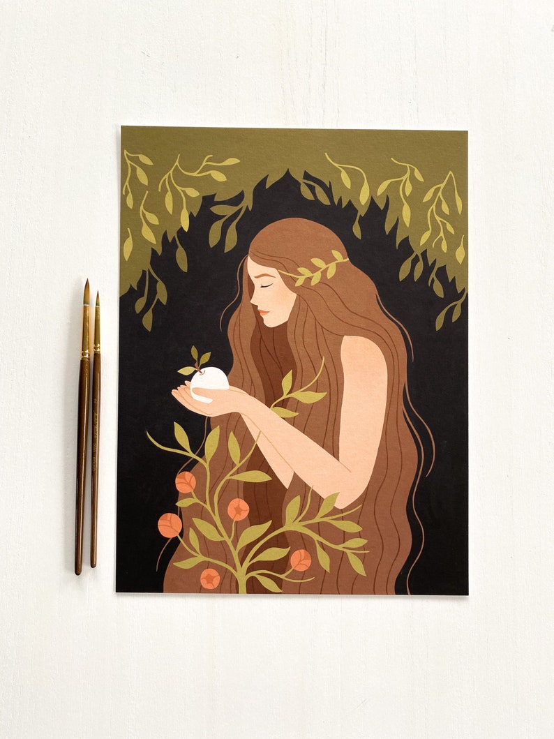 May include: A digital illustration of a woman with long brown hair holding a white apple. She is surrounded by green leaves and red flowers. The background is dark green.