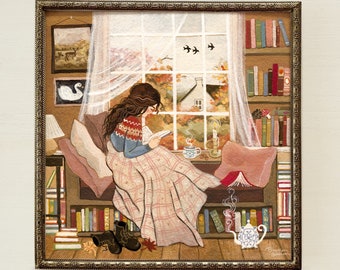 Reading Nook Art Print – Cozy Fall Wall Decor, Cottagecore Folk Art, Hand Drawn (No AI)