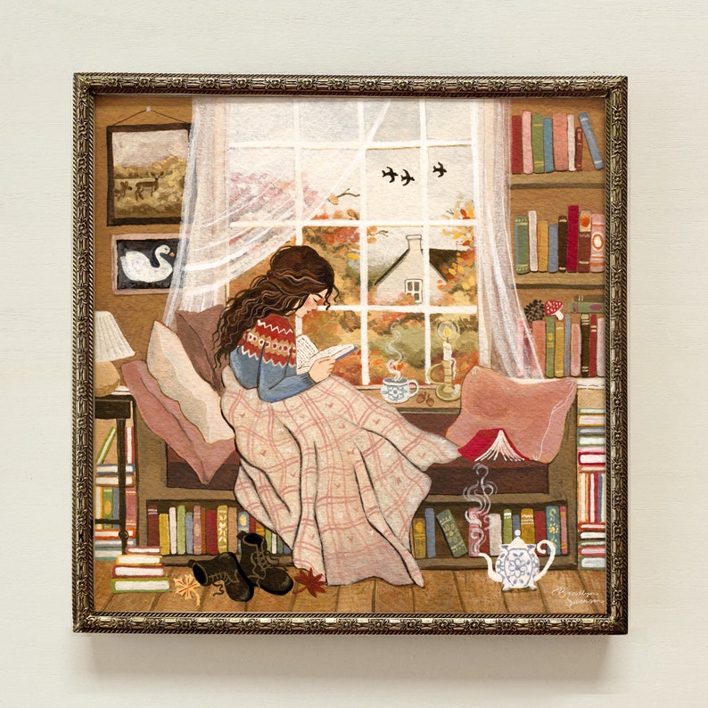 Reading Nook Art Print – Cozy Fall Wall Decor, Cottagecore Folk Art, Hand Drawn (No AI) image 1