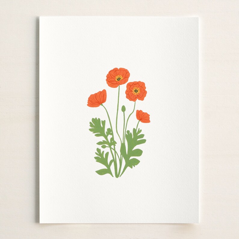 May include: A simple illustration of a bouquet of orange poppies with green stems and leaves on a white background.
