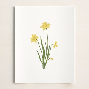 May include: A simple illustration of a bouquet of yellow daffodils with green stems and leaves on a white background.