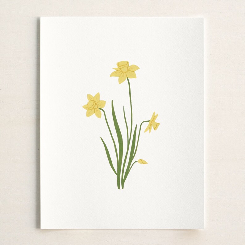 May include: A simple illustration of a bouquet of yellow daffodils with green stems and leaves on a white background.