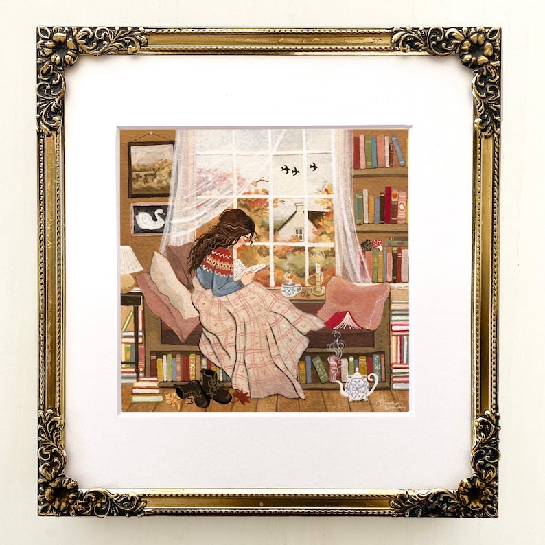 Reading Nook Art Print – Cozy Fall Wall Decor, Cottagecore Folk Art, Hand Drawn (No AI) image 5