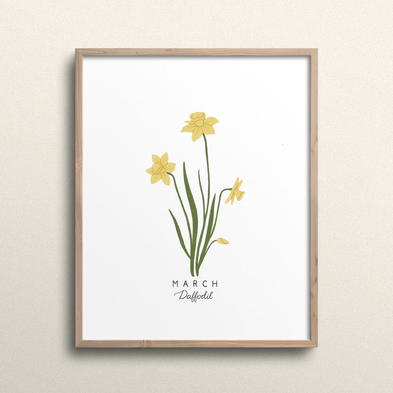May include: A framed print with a white background featuring a yellow daffodil flower with green leaves. The text "MARCH Daffodil" is printed below the flower.