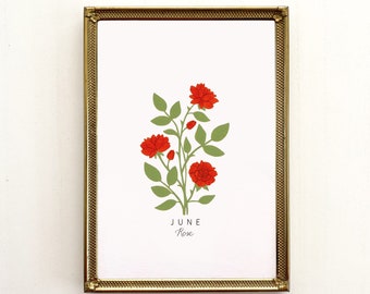 June Birth Flower Print, June Birth Month Flower, Rose Flower, Rose Print, Rose Flower Art Print, Rose Art Print, Red Rose Art