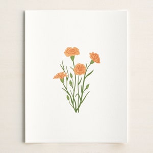 May include: A simple illustration of a bouquet of orange carnations with green stems and leaves on a white background.