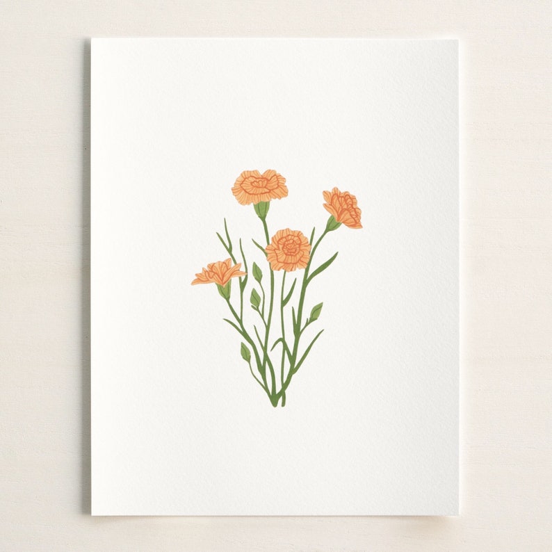 May include: A simple illustration of a bouquet of orange carnations with green stems and leaves on a white background.