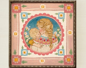 Patchwork Memories Art Print – Motherhood Print, Folk Art Nursery Decor, Hand Painted (No AI)