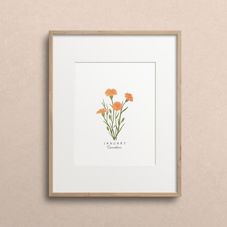 May include: A framed print featuring a botanical illustration of orange carnations. The text "JANUARY Carnation" is printed below the illustration.
