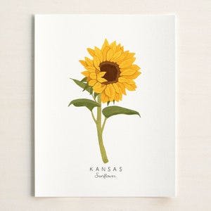 May include: A yellow sunflower with a brown center and green leaves. The text "KANSAS Sunflower" is printed below the flower.