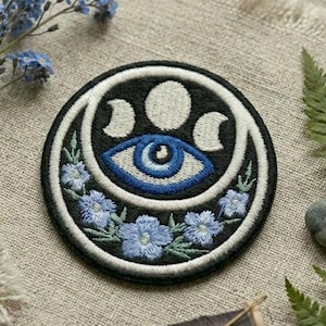 Embroidered Moon Phases Patch – All Seeing Eye, Floral Celestial Design (Iron On) Blue