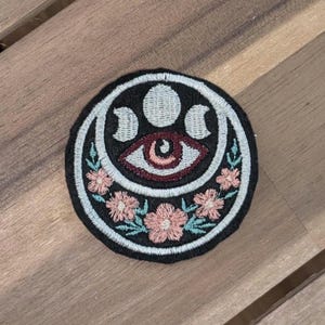 Embroidered Moon Phases Patch – Celestial All-Seeing Eye Floral Design (Iron On) Pink