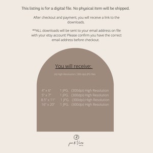 May include: A digital download listing for four high-resolution JPG images of printable art prints in four sizes: 4x6 inches, 5x7 inches, 8.5x11 inches, and 16x20 inches. The text "You will receive: (4) High Resolution (300 dpi) JPG files" is displayed on a brown background.