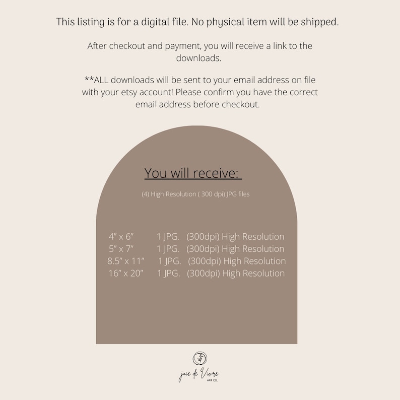 May include: A digital download listing for four high-resolution JPG images of printable art prints in four sizes: 4x6 inches, 5x7 inches, 8.5x11 inches, and 16x20 inches. The text "You will receive: (4) High Resolution (300 dpi) JPG files" is displayed on a brown background.