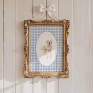 Goldendoodle jongen blauw kinderdagverblijf decor, kunst aan de muur babyjongen kinderkamer, kinderkamer decor, goldendoodle kunst, roze pastel muur print, puppy kwekerij