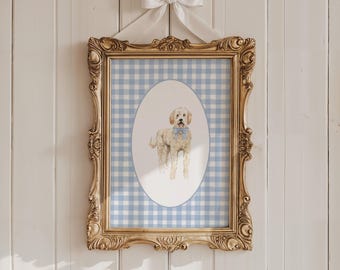 Decoração de berçário azul menino Goldendoodle, Arte de parede para berçário de menino bebê, Decoração de quarto infantil, Arte Goldendoodle, Impressão de parede xadrez rosa, Berçário de filhotes