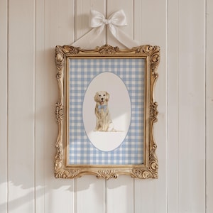 Golden Retriever boy blue Nursery Decor, Baby Boy Nursery Wall Art, Kids Room Decor, Golden Retriever art, Pink Gingham Print, Puppy Nursery