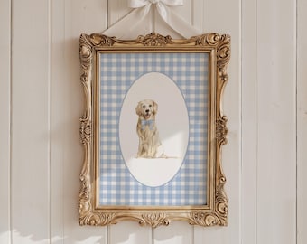 May include: A framed print of a golden retriever wearing a blue bow tie. The print is on a blue and white gingham background and is in a gold ornate frame.