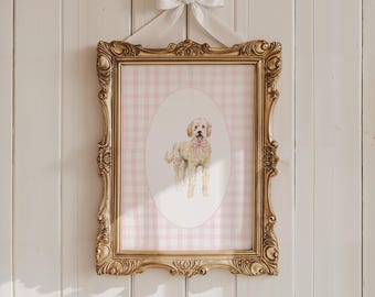 Goldendoodle Girl Nursery Decor, Baby Girl Pink Nursery Wall Art, Kids Room Decor, Goldendoodle art, Pink Gingham Wall Print, Puppy Nursery