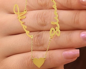 Collier personnalisé deux noms avec coeur, bijoux de couple personnalisés, pendentif double nom, cadeau pour couple, maman, enfants ou proches
