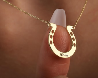 Sterling Silver Horseshoe Necklace, Personalized Name Pendant, Lucky Charm Jewelry
