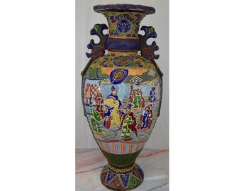 Antique c. Meiji Japanese Moriage Satsuma Detail Handpainted Vase 25" Tall, Oriental, Japan, Emperor Vase, Large Home Decor