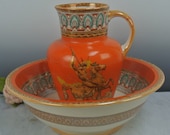 Vintage Furnival Ironstone Pottery Wash Bowl and Pitcher Set with Lion Fighter Art Collectible Pitchers