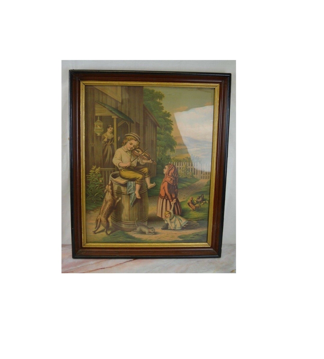 Vintage Large Wooden Framed Art Print Two Children & Pets - Etsy