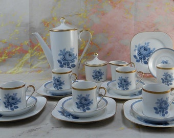 21 Set of Sweden Hackefors Porslin with Blue Roses Espresso Coffee Set For Six