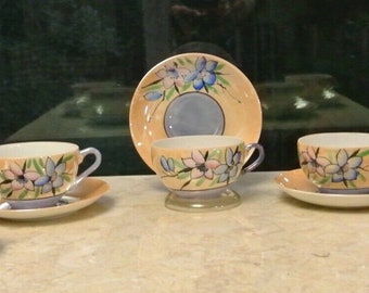 Vtge Japanese Blue and Peach with Flowers Lusterware Set of 5 Cups and Saucers