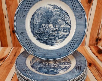 Vintage Currier and Ives "Old Grist Mill" Plates Set (6) Royal Blue USA