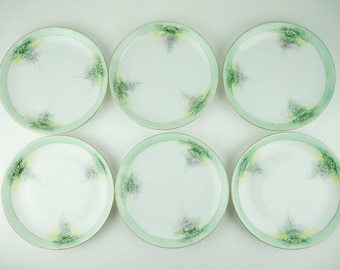 Six Hutschenreuther Selb Bavaria Gold Trim Green Dessert Plates with Flowers Set - Dinnerware, Plate Sets