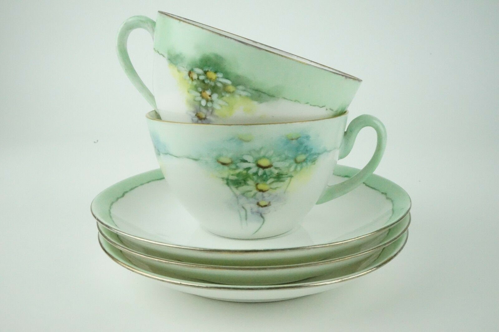 Set of Two Vintage Light Green Floral Tea Cups with Gold Etsy