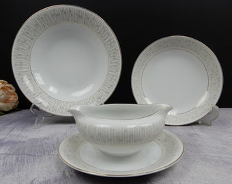 Mikado Malay Gold & Gray 3 Piece One Vegetable,Soup Bowls and One Gravy Boat