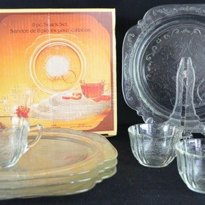 Vintage Indiana Glass Clear Recollection 8 Piece - Snack Set Service for 4, Salad Plates, Clear Glass Plates with Tea Cups, Small Glass Cups