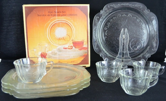 Vintage Indiana Glass Clear Recollection 8 Piece Snack Set Service for 4,  Salad Plates, Clear Glass Plates With Tea Cups, Small Glass Cups 