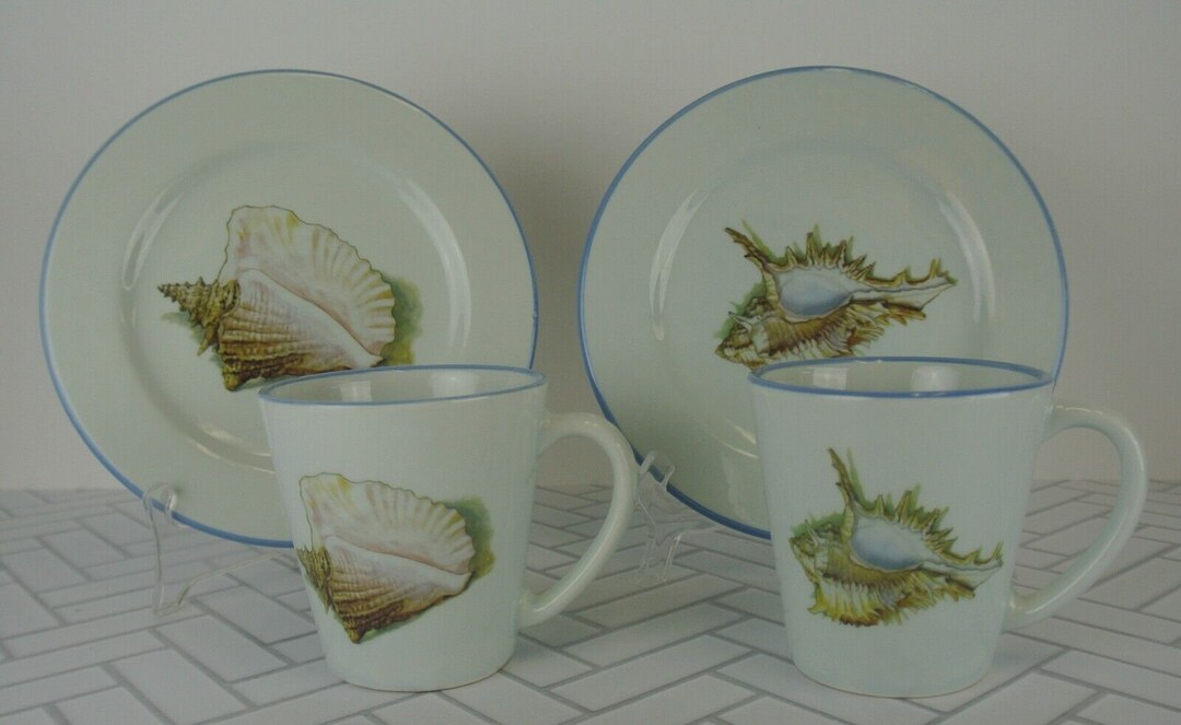 Shell Dinnerware Set of 2 Sea Shell Dinnerware Two Plates, Two Mugs Made in Italy