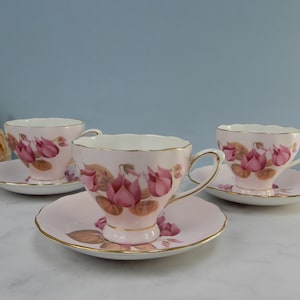 Set of 3 Colclough Bone China Pink Color Water Lily Teacups & Saucers